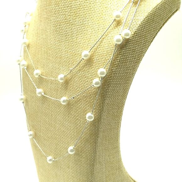 Delicate Tin Cup Faux Pearl Necklace Very Long Silver-tone Thin Chain 73 inches - Picture 3 of 14